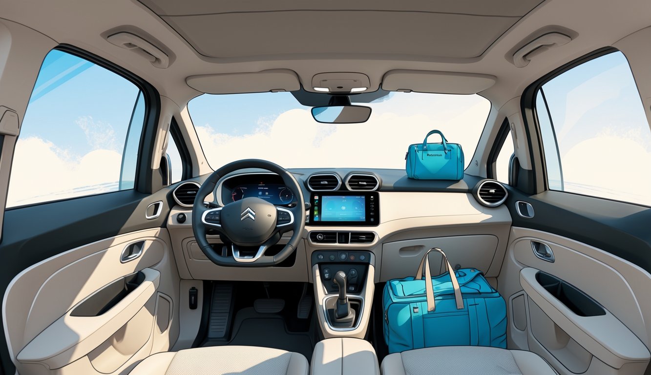 Unutrašnjost Citroëna C4 Cactus s prikazom prostranih sjedala i otvorenog prtljažnika ispunjenog prtljagom.