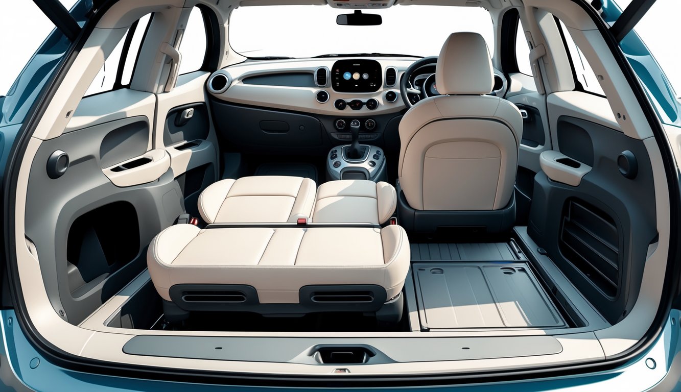 Prikaz unutrašnjosti Fiat 500X s prostranim sjedalima i otvorenim prtljažnikom ispunjenim prtljagom.