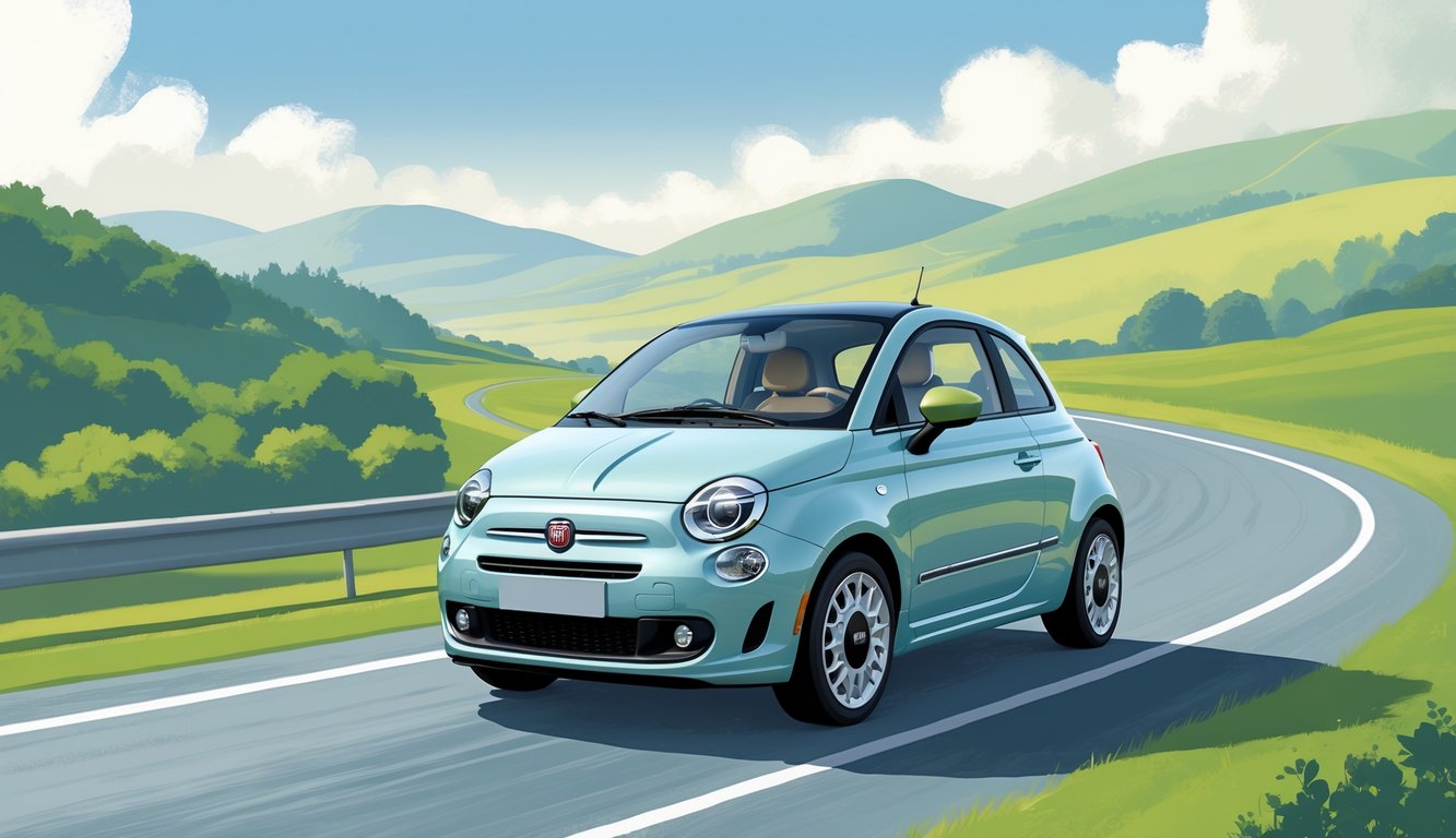 Fiat 500 koji vozi cestom okružen zelenim brežuljcima i plavim nebom.