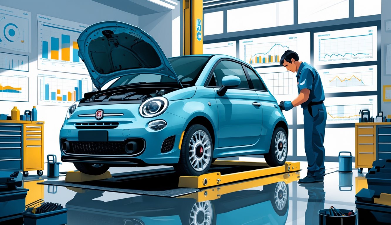 Fiat 500 u garaži na dizalici dok mehaničar pregledava motor, okružen alatima i opremom za održavanje.