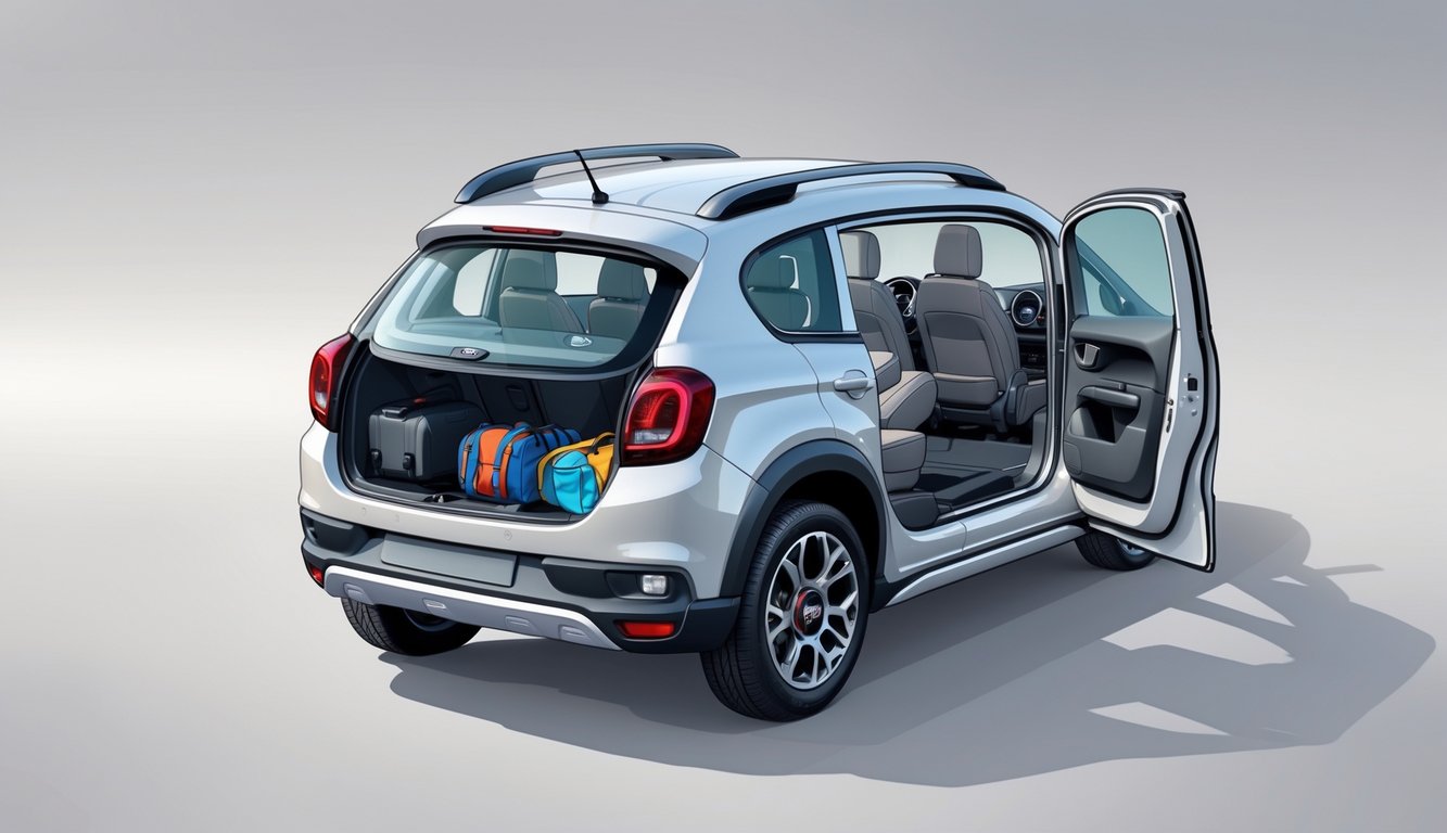 Prikaz unutrašnjosti Fiat Panda Cross automobila s naglaskom na prostranost i prtljažnik pun putne opreme.