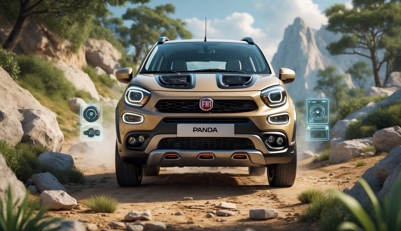 Fiat Panda Cross na neravnom terenu s prikazom unutarnjih dijelova motora i mjenjača.