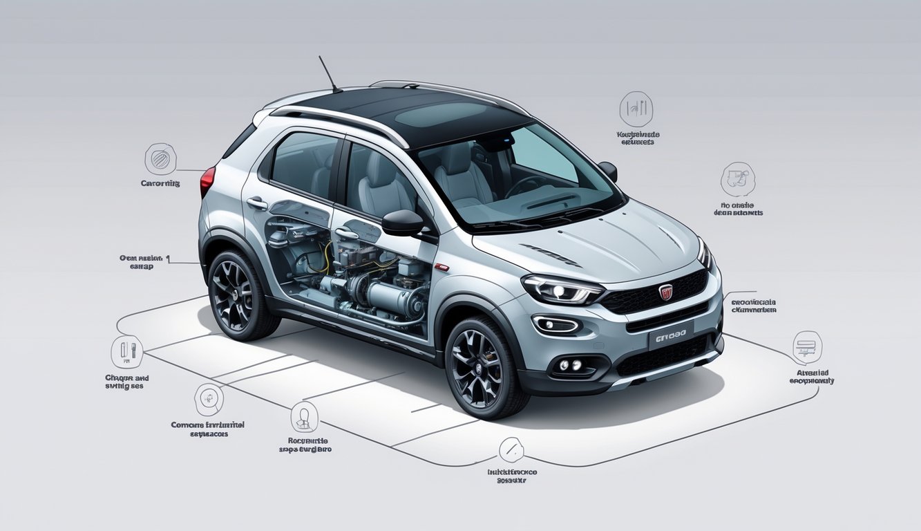 Prikaz automobila Fiat Panda Cross s istaknutim dijelovima motora, ovjesa i kočnica koji pokazuju česte kvarove i probleme.
