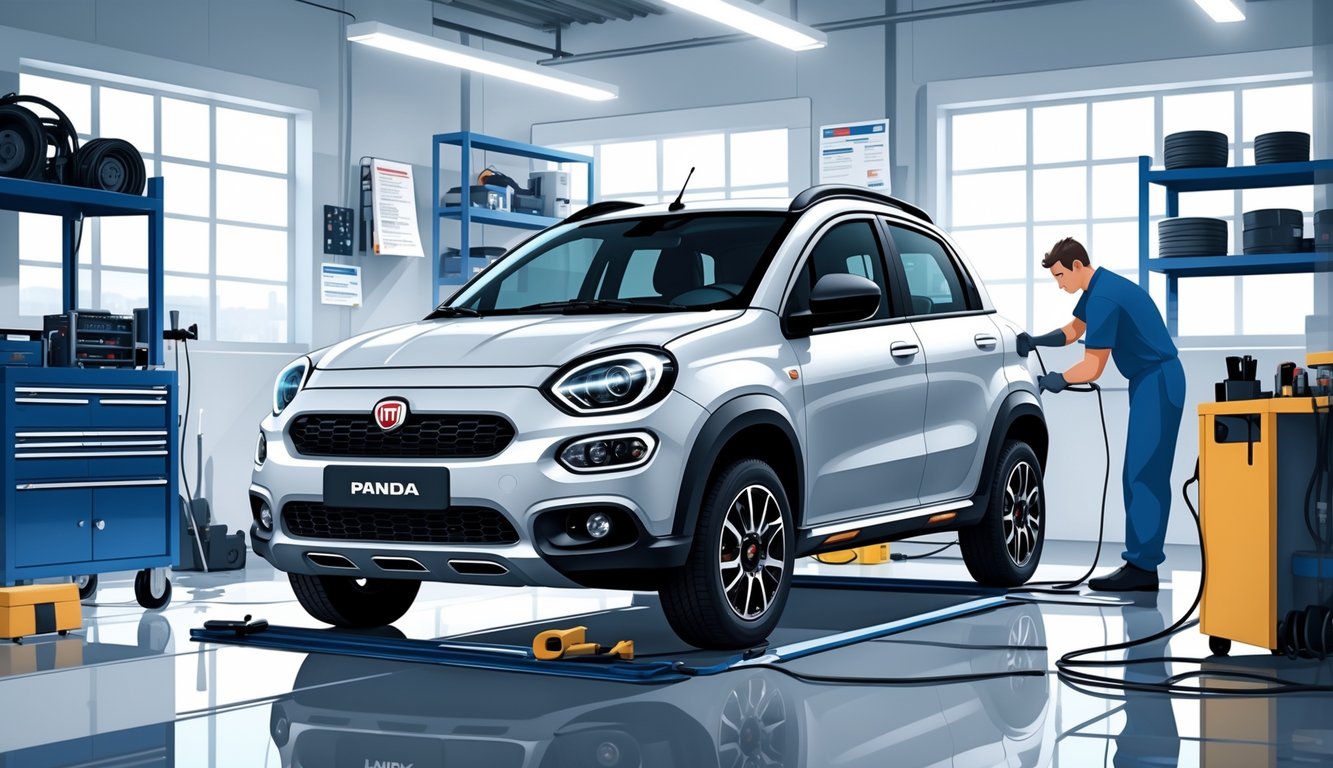 Mehaničar popravlja Fiat Panda Cross u moderno opremljenoj radionici za održavanje automobila.