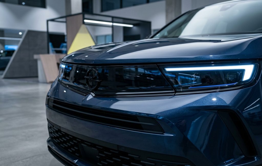 Estetski detalj prednjeg kraja novog Opel Mokka modela. Prikazuje integraciju LED Matrix svjetala u crni 'Vizor' panel koji se proteže cijelom širinom vozila, naglašavajući oštre linije poklopca motora i sjajnu tamnoplavu boju.