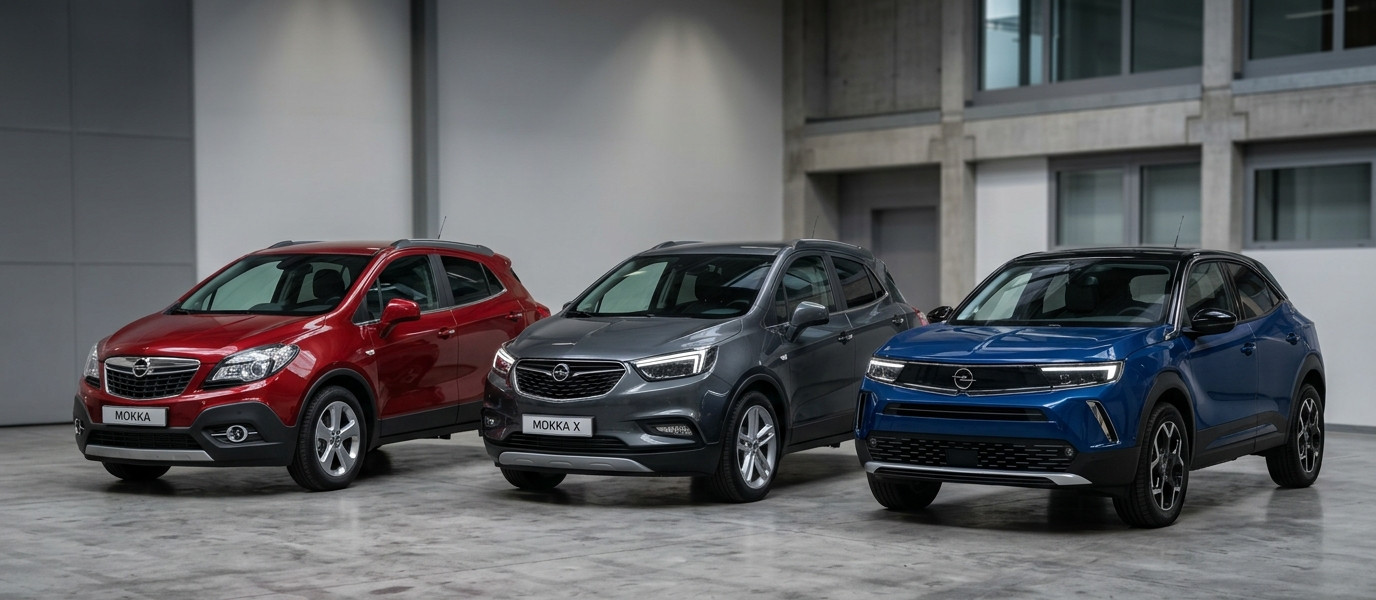 Vizualna usporedba evolucije dizajna SUV modela Opel Mokka. Postavljeni su s tri-četvrt prednje strane: s lijeve strane originalna crvena Mokka, u sredini siva Mokka X, a s desne strane najnovija plava generacija s prepoznatljivim 'Opel Vizor' licem. Vozila su u izložbenom salonu ili studiju.
