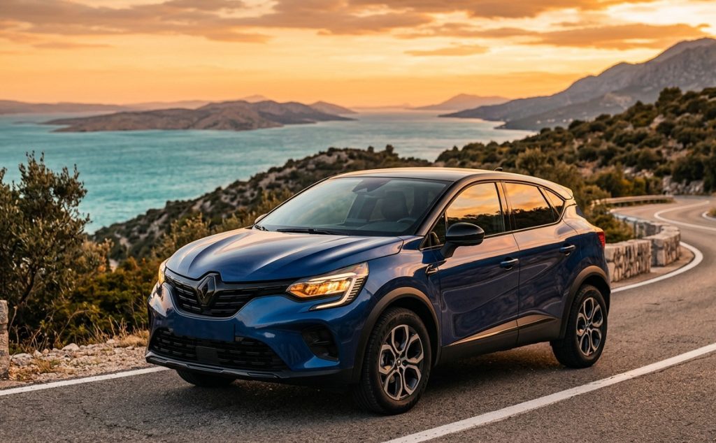 Fotografija tamnoplavog automobila Renault Captur s crnim krovom na zavojitoj jadranskoj obalnoj cesti u Hrvatskoj. U pozadini se vide tirkizno more i otoci obasjani toplim zlatnim tonovima zalaska sunca.