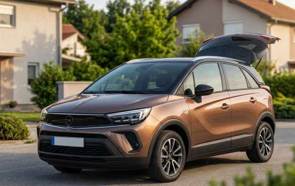 Brončani Opel Crossland SUV parkiran na ulici s otvorenim prtljažnikom. Scena je u sunčanom predgrađu s modernim obiteljskim kućama i zelenilom.