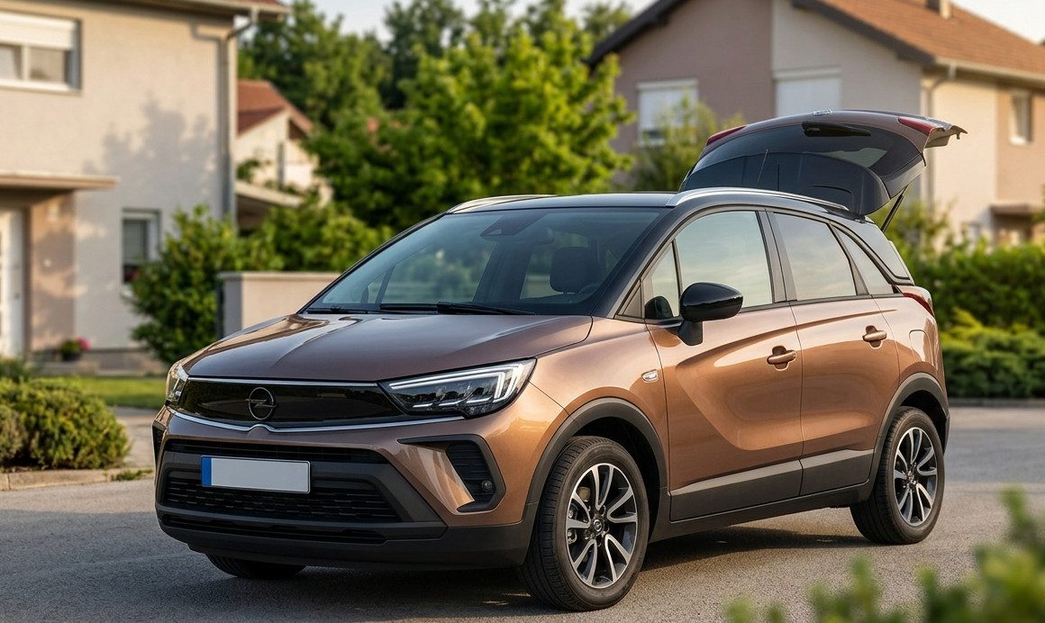 Brončani Opel Crossland SUV parkiran na ulici s otvorenim prtljažnikom. Scena je u sunčanom predgrađu s modernim obiteljskim kućama i zelenilom.