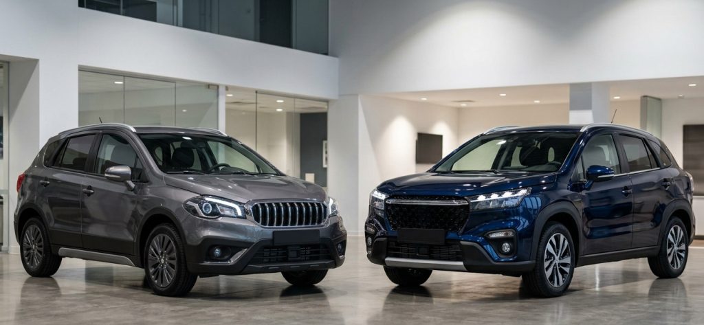 Sivi crossover i tamnoplavi SUV parkirani jedan pored drugog u modernom, osvijetljenom autosalonu s dvoetažnom staklenom arhitekturom i poliranim betonskim podom.