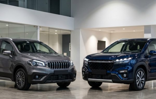 Sivi crossover i tamnoplavi SUV parkirani jedan pored drugog u modernom, osvijetljenom autosalonu s dvoetažnom staklenom arhitekturom i poliranim betonskim podom.