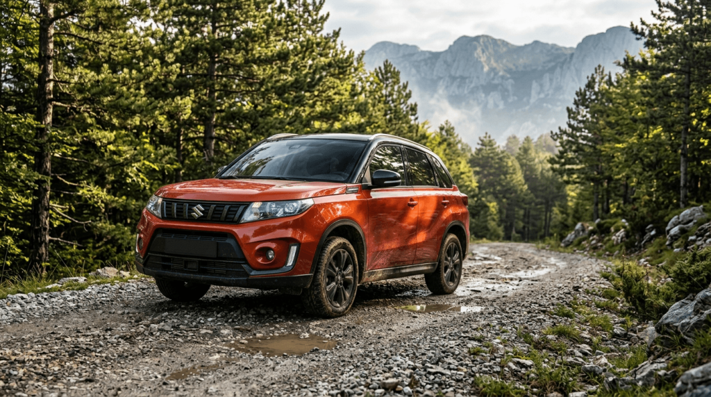 Crveno-naranačasti Suzuki Vitara automobil parkiran na šumskom makadamskom putu ispred planine Velebit.