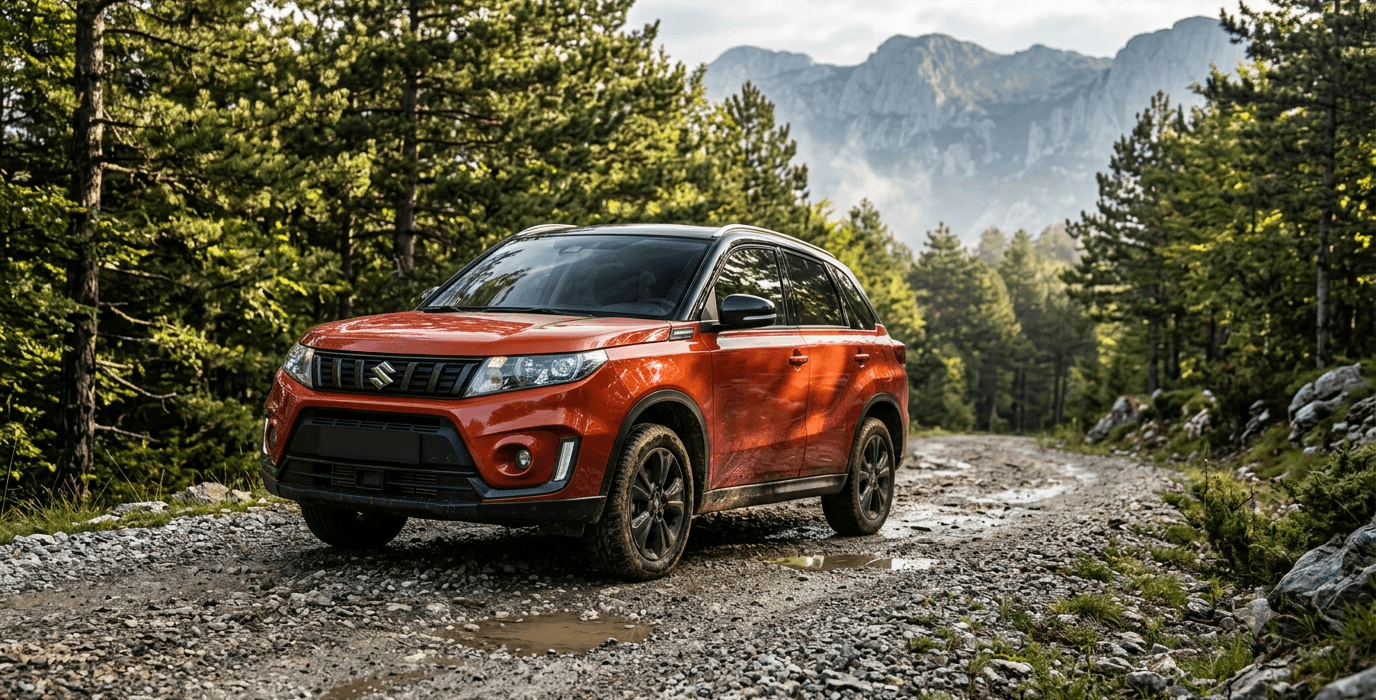 Crveno-naranačasti Suzuki Vitara automobil parkiran na šumskom makadamskom putu ispred planine Velebit.