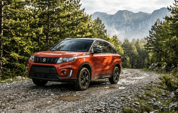 Crveno-naranačasti Suzuki Vitara automobil parkiran na šumskom makadamskom putu ispred planine Velebit.