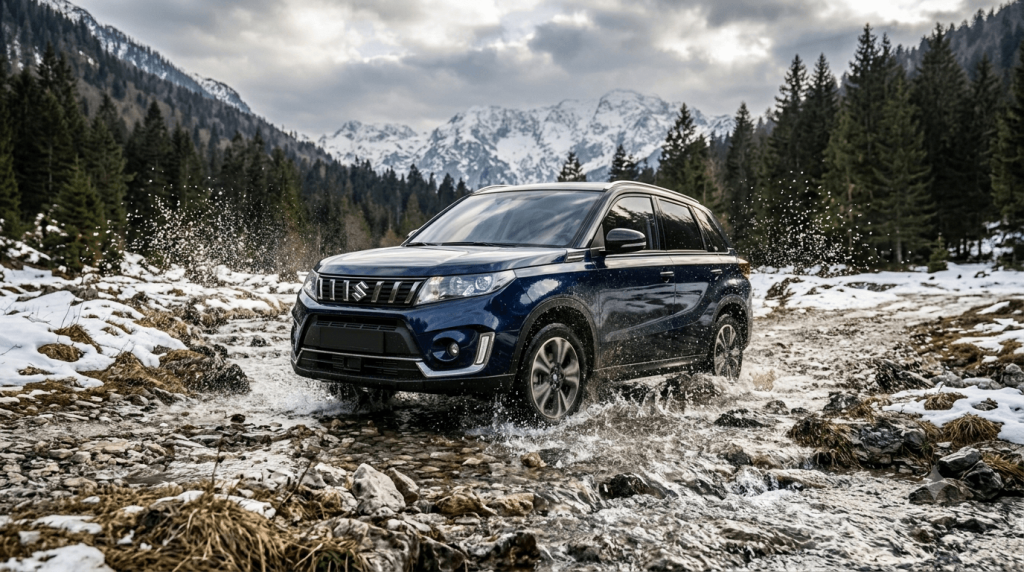 Tamnoplavi Suzuki Vitara u vožnji kroz plitki planinski potok s prskanjem vode i snijegom u pozadini.