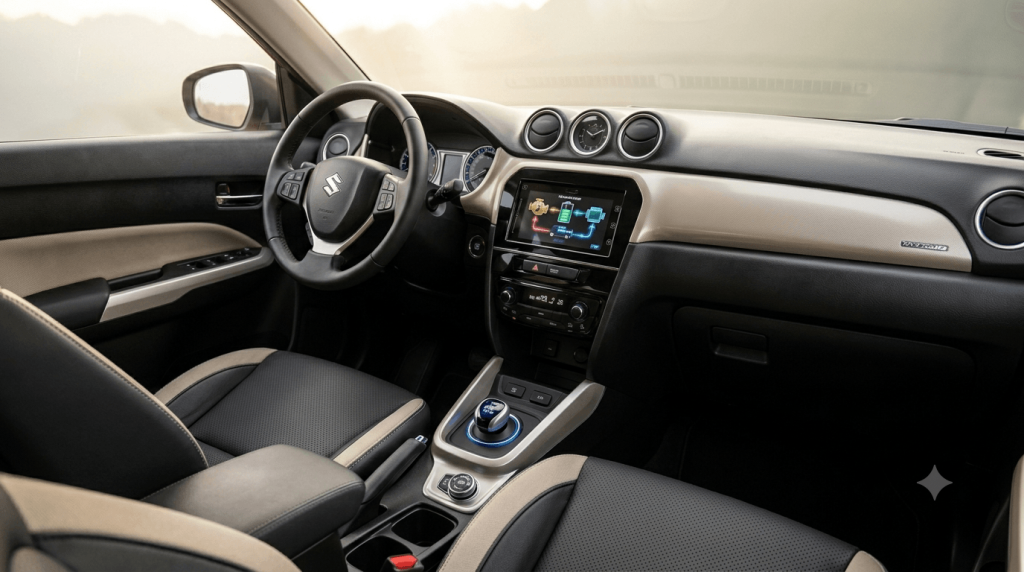Moderna i svijetla unutrašnjost automobila Suzuki Vitara, s dva tona boje, prikazana iz perspektive vozača, s uključenim zaslonom infotainment sustava.