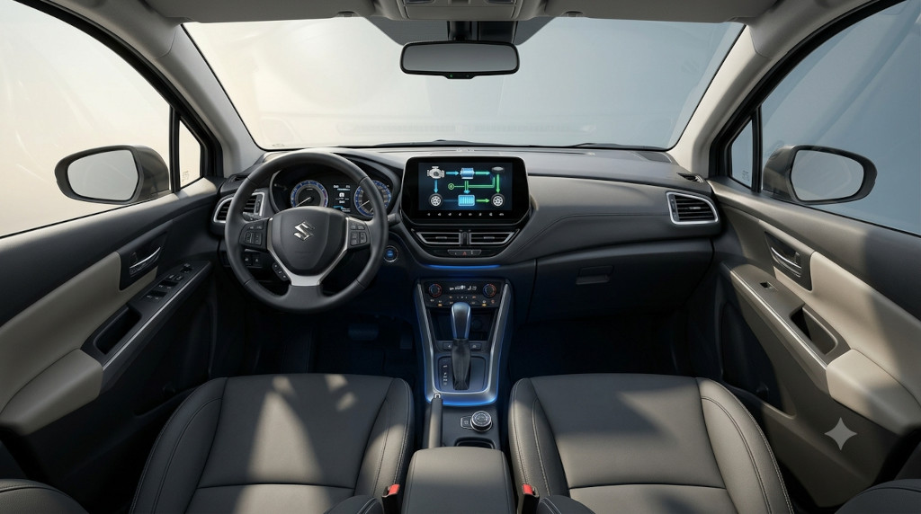 Pogled na unutrašnjost modernog automobila s prednjih sjedala, s volanom, pločom s instrumentima i središnjim zaslonom infotainment sustava. Dvobojni interijer ima crnu kontrolnu ploču, bež detalje na vratima i sjedala.