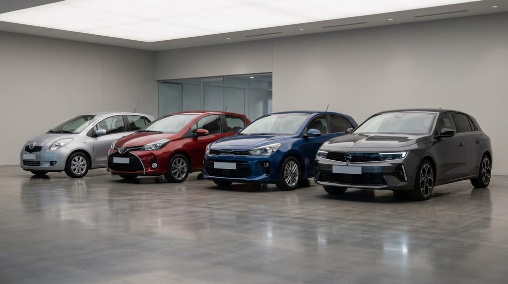 Slika prikazuje četiri automobila različitih modela, parkirana u salonu na sjajnom podu