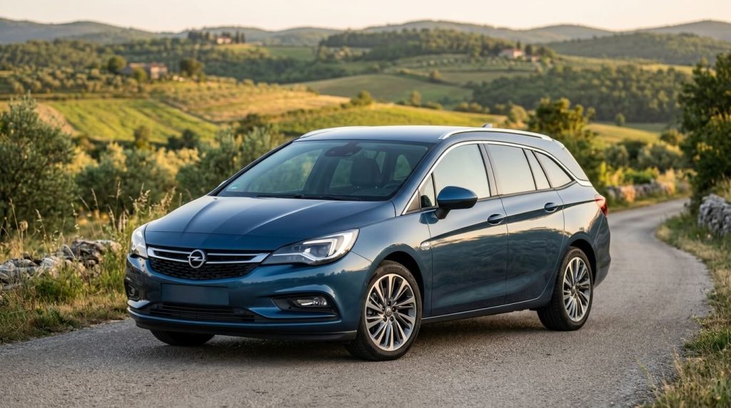 lavi karavan marke Opel Astra parkiran na zavojitoj asfaltiranoj cesti u ruralnom, brdovitom krajoliku sa suhozidima i stablima maslina u vrijeme zalaska sunca.