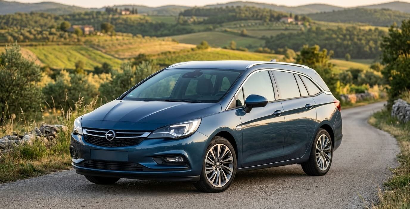 lavi karavan marke Opel Astra parkiran na zavojitoj asfaltiranoj cesti u ruralnom, brdovitom krajoliku sa suhozidima i stablima maslina u vrijeme zalaska sunca.