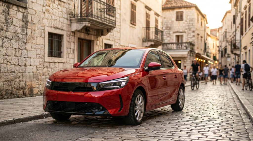 Crvena opel corsa automobil parkiran je na kamenoj ulici u starom gradu. U pozadini su stare zgrade i ljudi na biciklima.