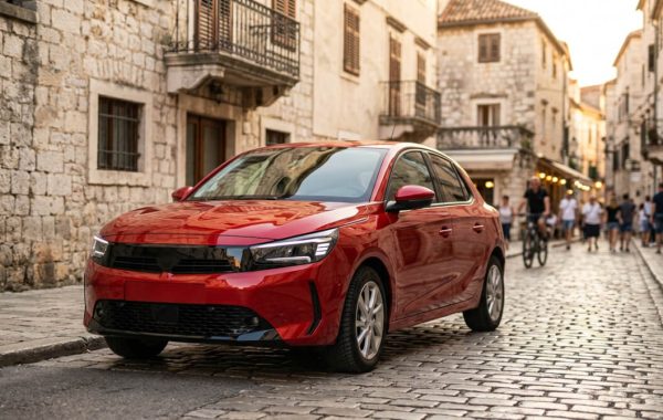Crvena opel corsa automobil parkiran je na kamenoj ulici u starom gradu. U pozadini su stare zgrade i ljudi na biciklima.