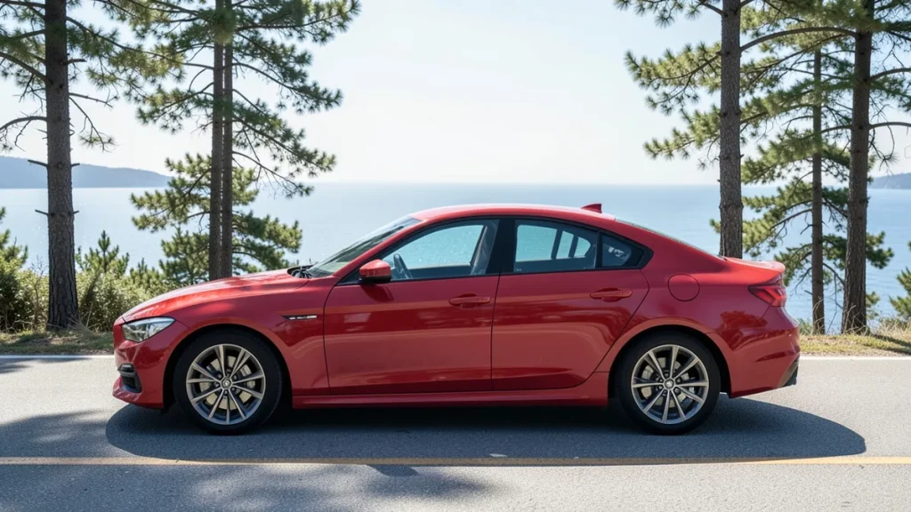 Crvena Alfa Romeo Giulia na zavojitoj obalnoj cesti iznad Jadrana