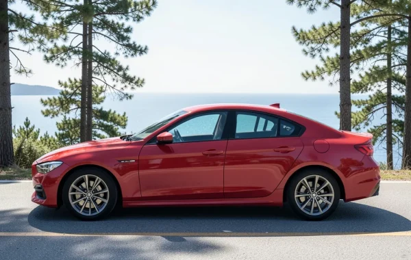 Crvena Alfa Romeo Giulia na zavojitoj obalnoj cesti iznad Jadrana