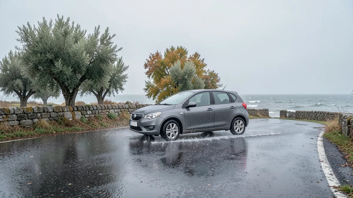 Automobil na cjelogodišnjim gumama vozi po mokroj primorskoj cesti u kasnu jesen
