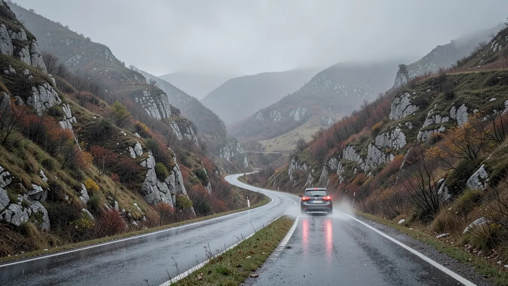 Automobil u daljini na mokroj planinskoj cesti u kasnu jesen