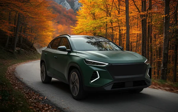 Tamnozelena Kia Sportage na planinskoj cesti kroz jesensku šumu