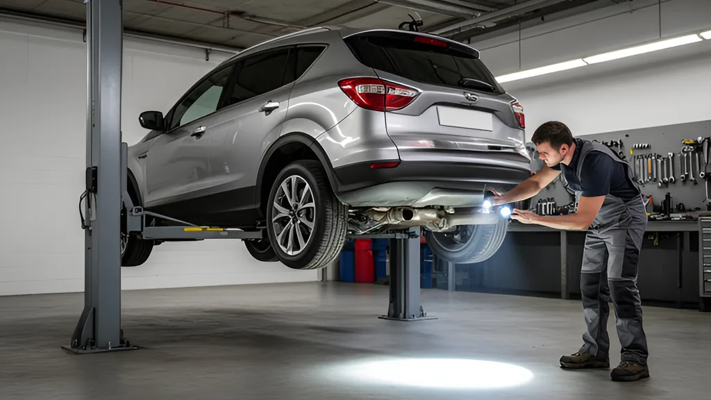 Pregled podvozja rabljene Kia Sportage na dizalici prije kupnje