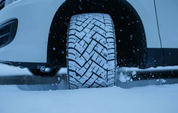 Nova zimska guma na kotaču automobila na zasniježenoj cesti