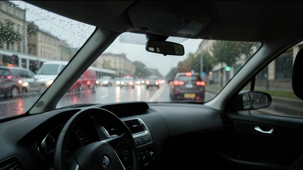 Gradska vožnja u kiši iz kabine kompaktnog automobila