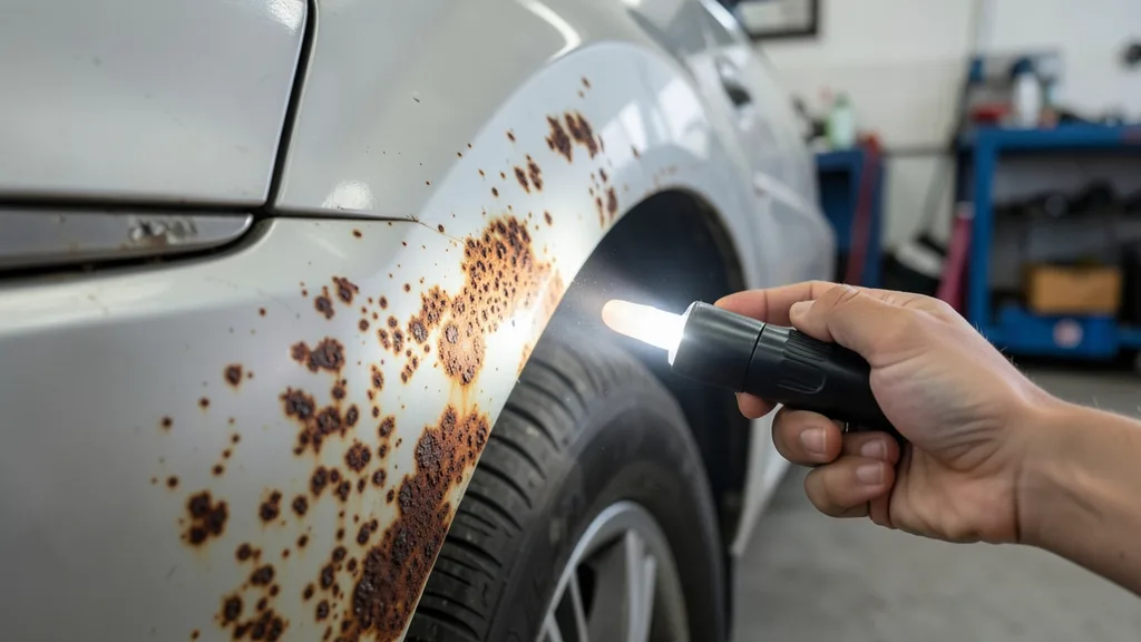 Hrđa na stražnjem blatobranu starijeg malog automobila