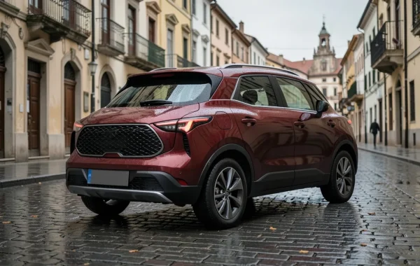 Tamnocrveni Nissan Qashqai parkiran u starom dijelu kontinentalnog grada