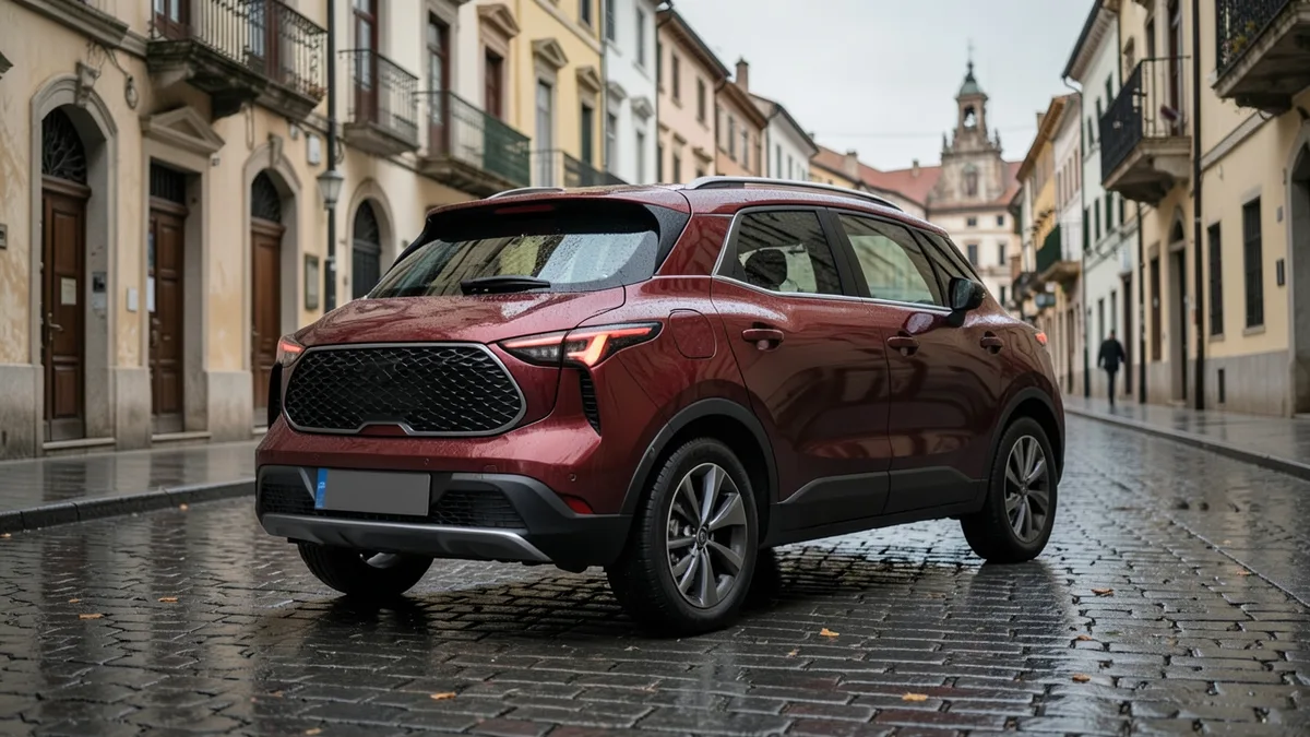 Tamnocrveni Nissan Qashqai parkiran u starom dijelu kontinentalnog grada