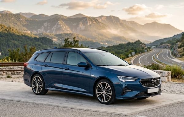 Fotorealistična slika iz tri četvrtine kuta sprijeda, elegantan veliki Opel Insignia karavan (Sports Tourer) metalik tamnoplave boje, parkiran na slikovitom odmorištu uz hrvatsku autocestu s planinama u mekom fokusu u pozadini. Duge elegantne proporcije karavana jasno su vidljive, osvijetljene toplim svjetlom zlatnog sata, što daje osjećaj udobnog obiteljskog i poslovnog automobila za duge staze.