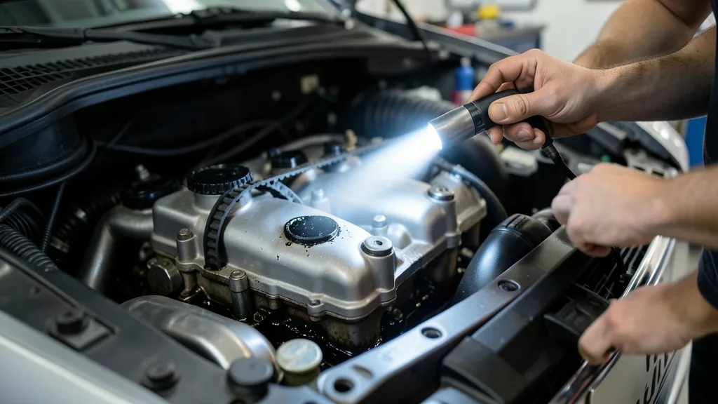 Mehaničar kroz otvor za ulje pregledava remen u ulju na 1.2 PureTech motoru Peugeota 208