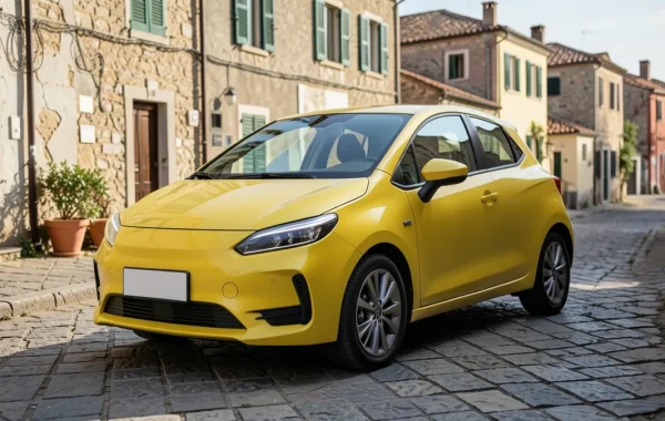 Žuti Peugeot 208 druge generacije u uskoj kamenoj ulici primorskog grada