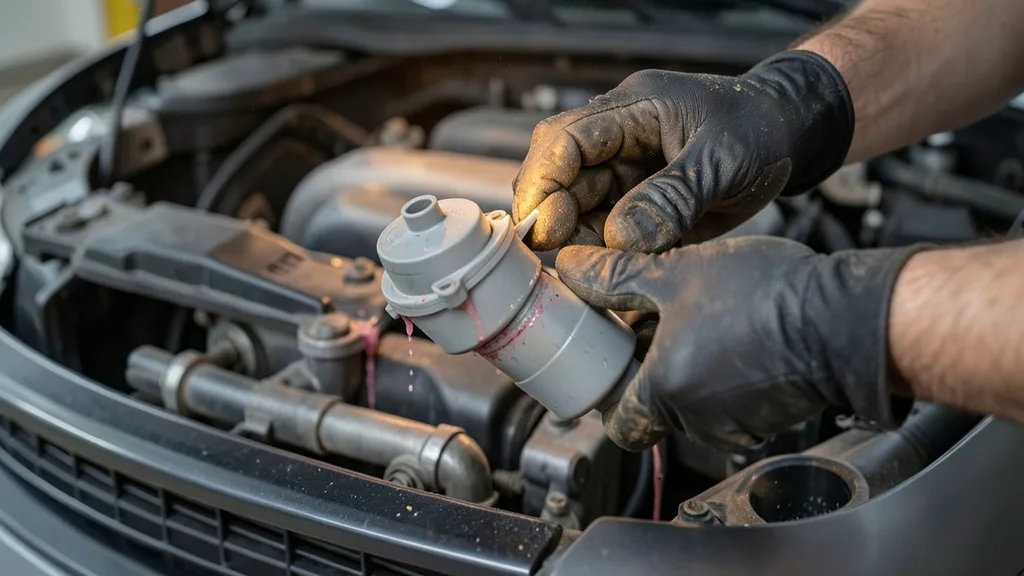 Mehaničar pregledava kućište termostata i vodene pumpe na TSI motoru Seata Leona