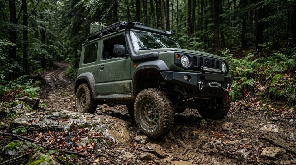 Fotorealistična slika iz tri četvrtine kuta sprijeda, boxy off-road 4x4 vozilo vojno zelene boje na blatnjavoj i stjenovitoj šumskoj stazi. Vozilo ima vidljivu artikulaciju ovjesa dok se penje preko prepreke. Pozadina je gusta hrvatska gorska šuma pod oblačnim vremenom, što daje dojam off-road sposobnosti i dubinske oštrine s fokusom na vozilo. Fotografija je profesionalna avanturistička fotografija bez teksta, registarskih pločica, vidljivih logotipa ili žigova, u formatu 16:9.