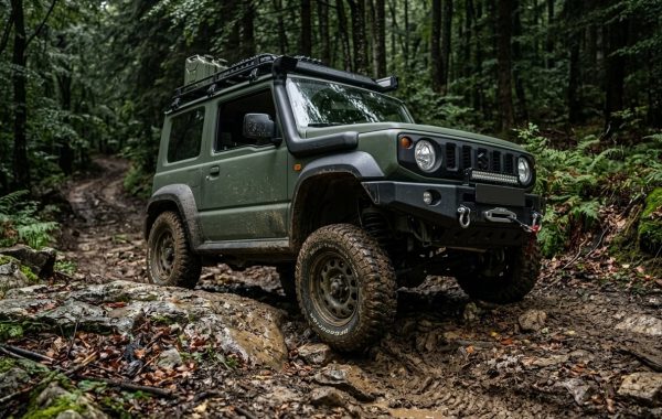 Fotorealistična slika iz tri četvrtine kuta sprijeda, boxy off-road 4x4 vozilo vojno zelene boje na blatnjavoj i stjenovitoj šumskoj stazi. Vozilo ima vidljivu artikulaciju ovjesa dok se penje preko prepreke. Pozadina je gusta hrvatska gorska šuma pod oblačnim vremenom, što daje dojam off-road sposobnosti i dubinske oštrine s fokusom na vozilo. Fotografija je profesionalna avanturistička fotografija bez teksta, registarskih pločica, vidljivih logotipa ili žigova, u formatu 16:9.