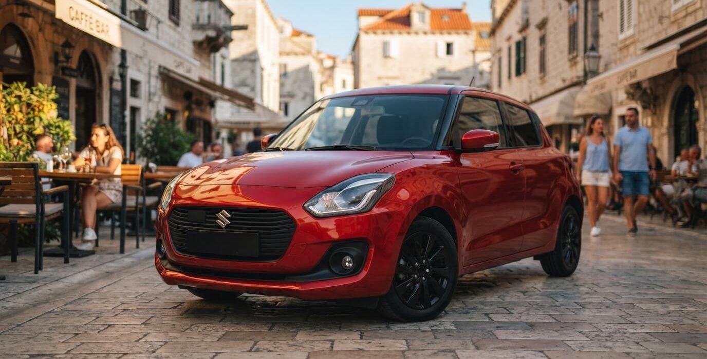 Fotografija prikazuje moderni crveni hatchback Suzuki Swift, parkiran na popločenoj ulici u povijesnom mediteranskom gradu. Automobil je usmjeren prema naprijed i blago udesno, a njegovi prepoznatljivi prednji farovi i crni aluminijski naplatci jasno su vidljivi. U pozadini, na kamenoj fasadi zgrade, nalazi se natpis "CAFFE BAR", koji otkriva da se radi o kafiću s terasom. Nekoliko ljudi sjedi za stolovima na terasi s lijeve strane, dok par šeće ulicom u pozadini s desne strane.