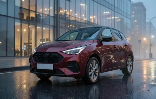 Tamnocrvena Toyota C-HR prve generacije s crnim krovom na gradskoj ulici u sumrak