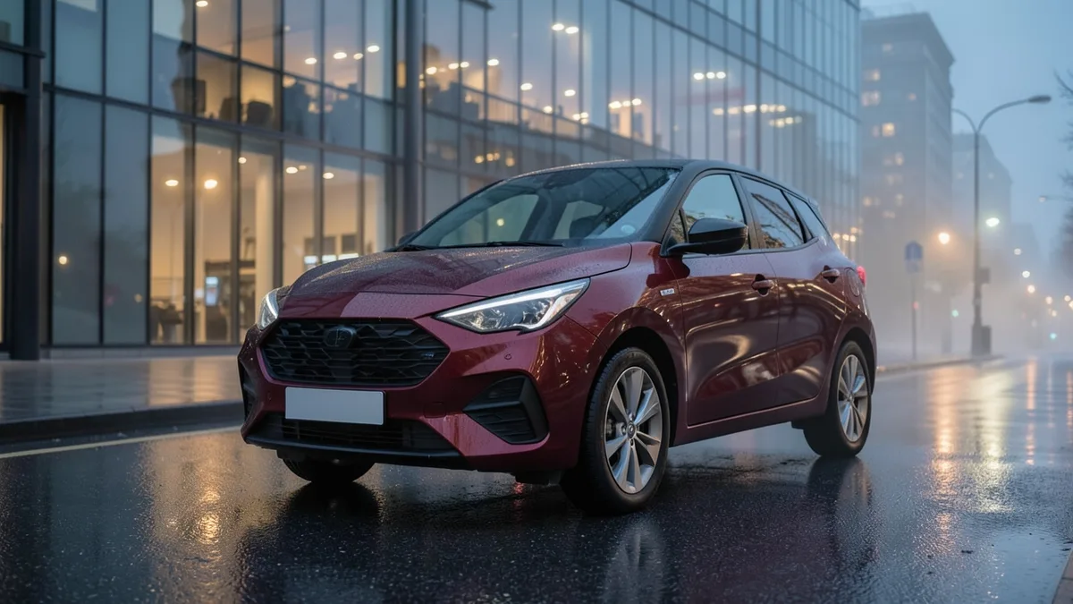 Tamnocrvena Toyota C-HR prve generacije s crnim krovom na gradskoj ulici u sumrak